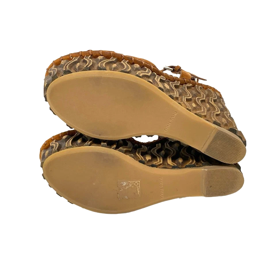 MIU MIU ITALY.  Dark Brown Light Brown Suede Leather Wood Platform Sandals SZ 37.5IT