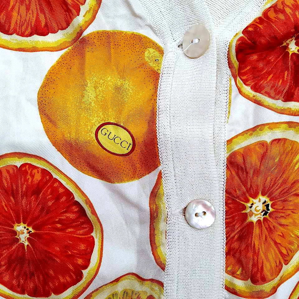 Gucci Italy. Knit "Oranges" Logo Cotton/Linen/Nylon Cardigan Style Top