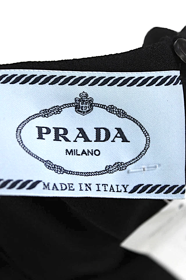 Prada Italy. Black Acetate Sleeveless Ruffled Round Neck Knee Length Dress