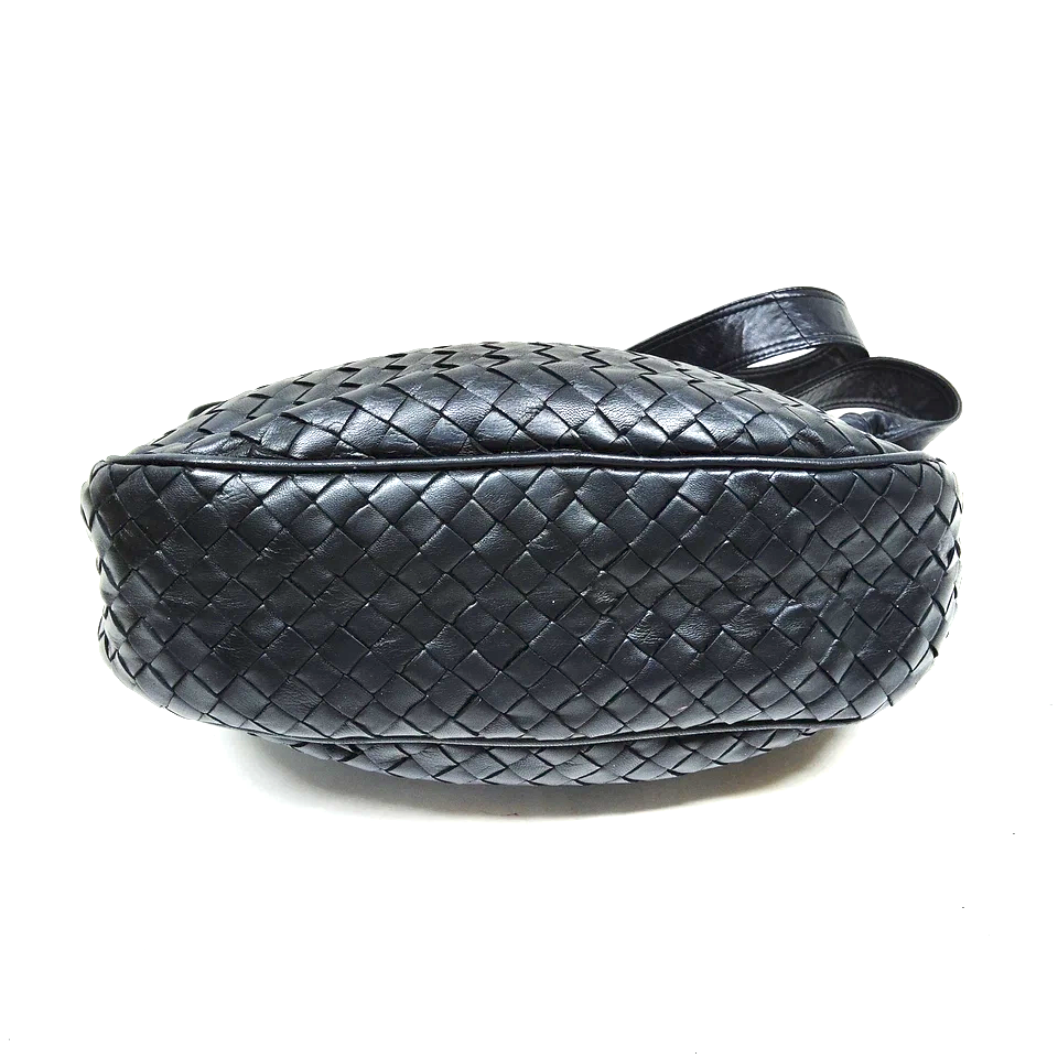 Bottega Veneta Italy. Vintage Knot Handles Black Leather Shoulder Bag