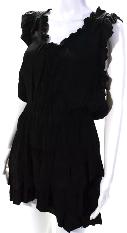 Isabel Marant Paris. Black Ruffle Neck Sleeveless Tiered Mini Dress