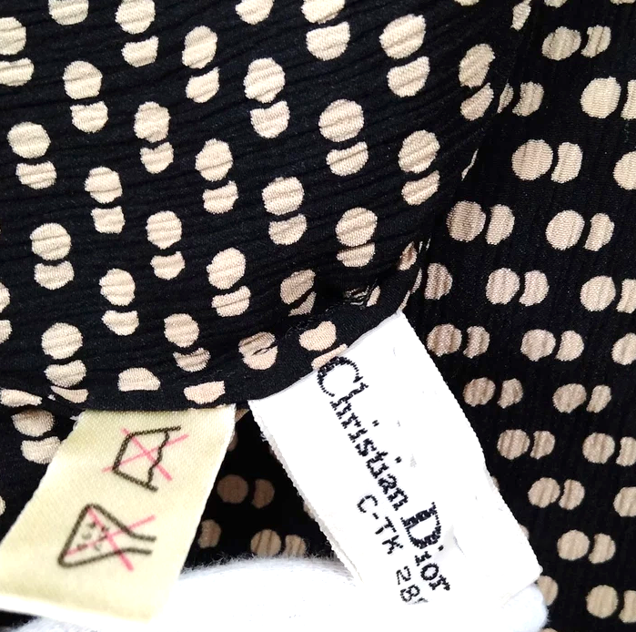 Christian Dior Paris. Dark Brown Geometric Print Silk Bow Blouse