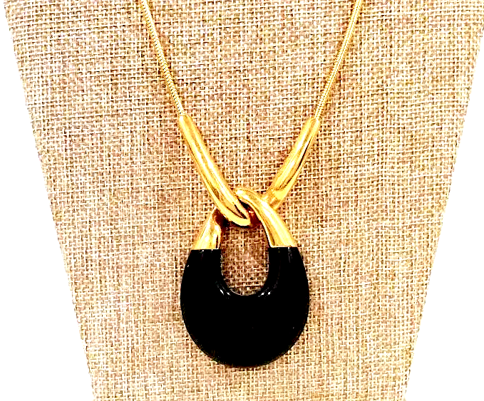Vintage Goldplated Signed Crown Trifari Black Lucite Teardrop Pendant Necklace