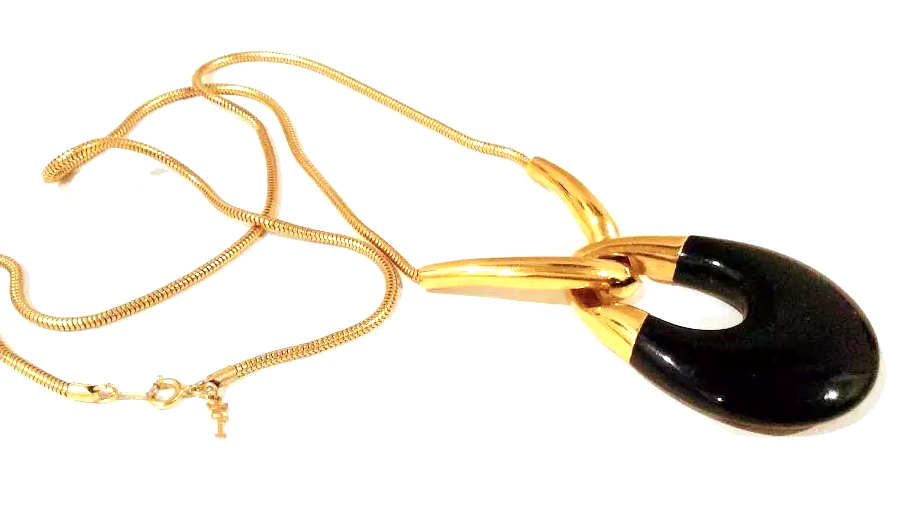 Vintage Goldplated Signed Crown Trifari Black Lucite Teardrop Pendant Necklace