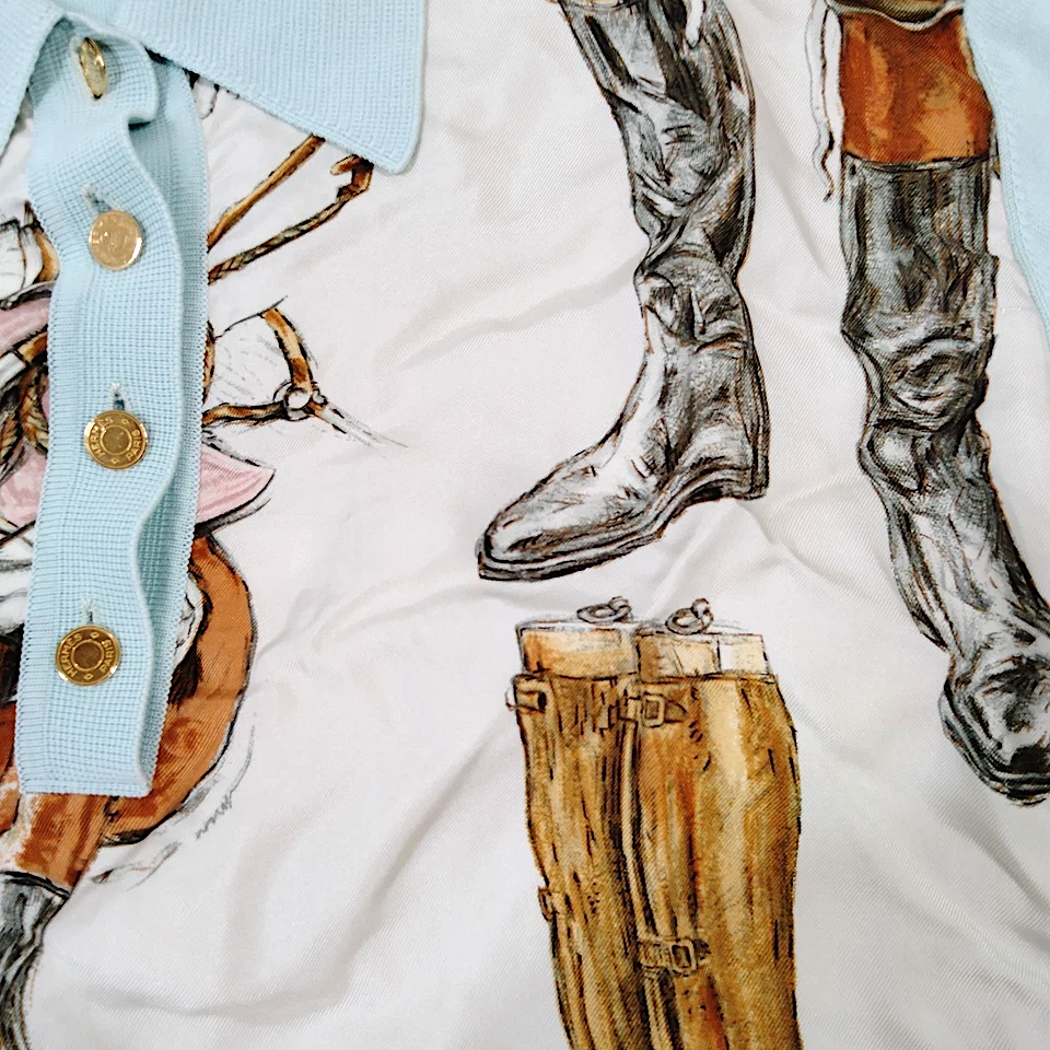 Hermes Paris. Vintage Light Blue Silk, Cotton Scarf Print Top