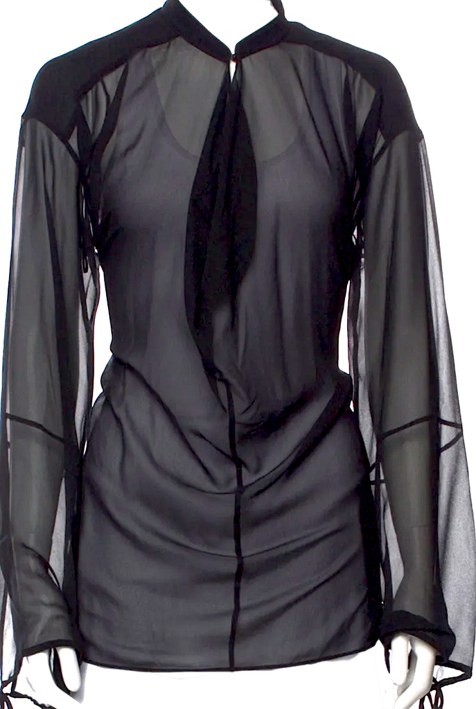 Acne Studios Sweden. Black Semi Sheer Mock Neck Long Sleeve Blouse
