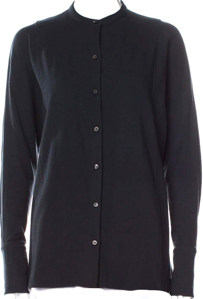 Lemaire Paris. Blue Crew Neck Long Sleeve Button Up Top
