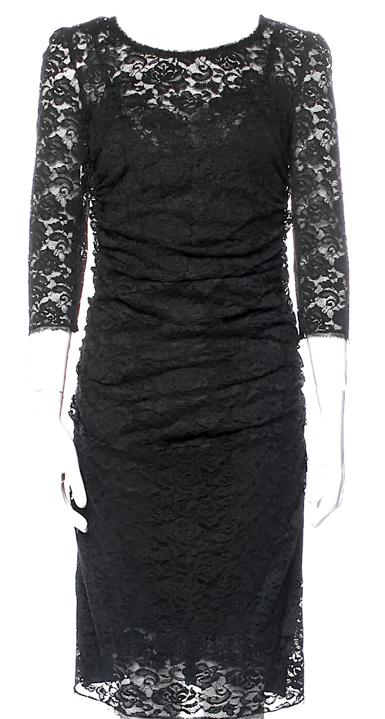 Dolce & Gabbana Italy. Black 3/4 Sleeve Lace Pattern Ruched Dress