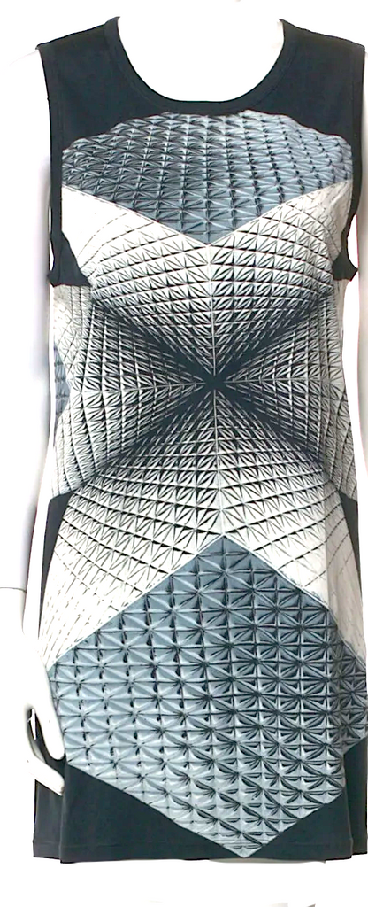 Gareth Pugh UK. White, Black, Grey Cotton Geometric Avant Garde Printed Mini Dress