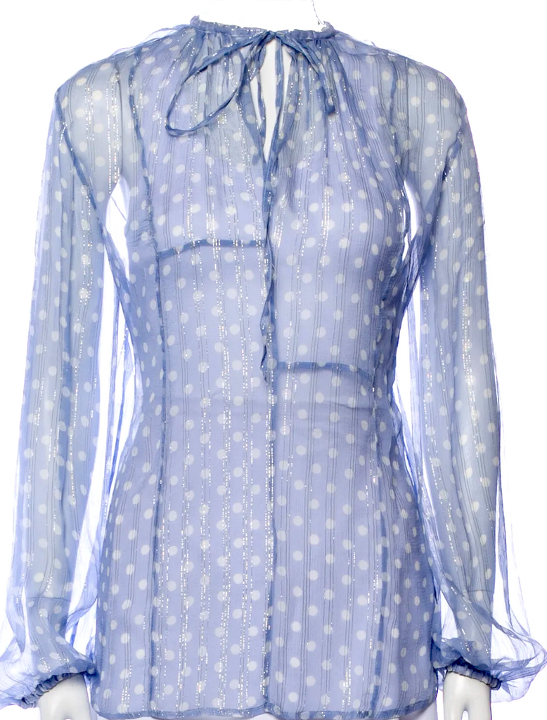 Haider Ackermann Belgium.  Blue Polka Dot Print Tie Neck Blouse