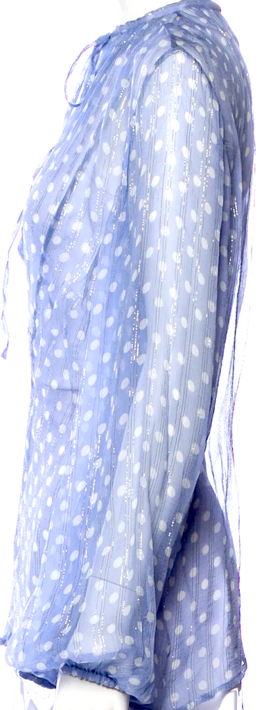 Haider Ackermann Belgium.  Blue Polka Dot Print Tie Neck Blouse