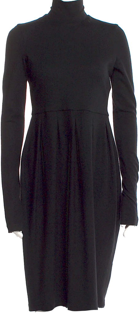 JIL SANDER. Black Wool Pleated Accents Long Sleeve BodyCon Dress