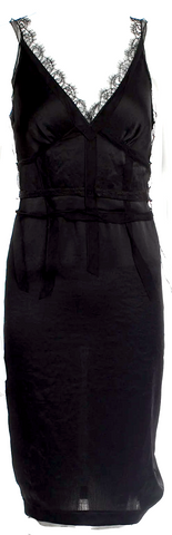Chloe Paris. Black Spaghetti Strap Lace Trim Silk Midi Dress