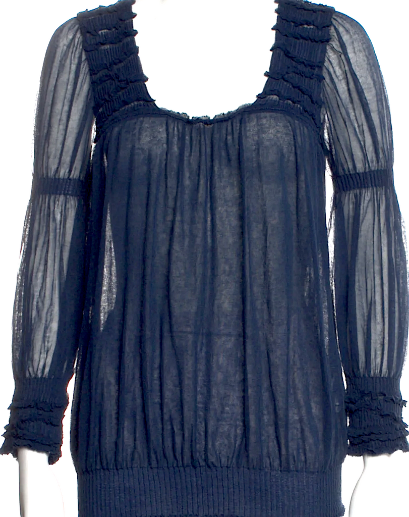 Valentino Garavani. Italy. Blue Cotton/Rayon Blend Square Neckline Three-Quarter Sleeve Blouse