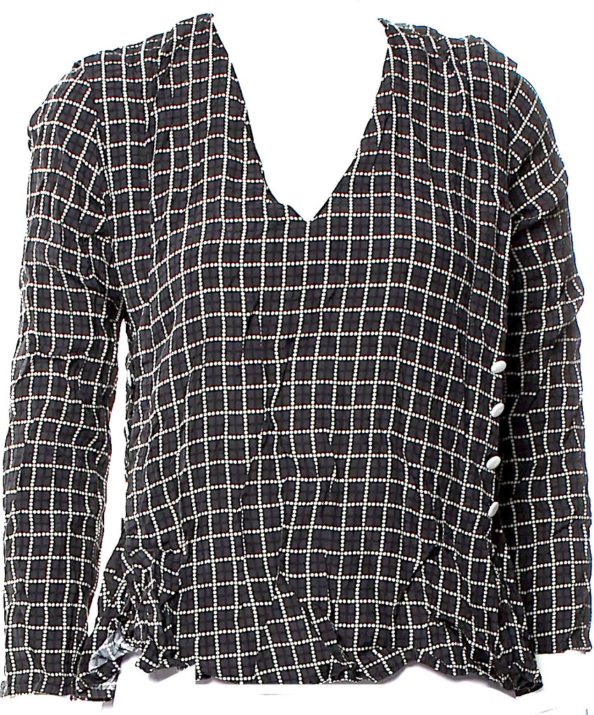 Maison Kitsuné Paris. Black Viscose Windowpane Printed V-Neck Blouse