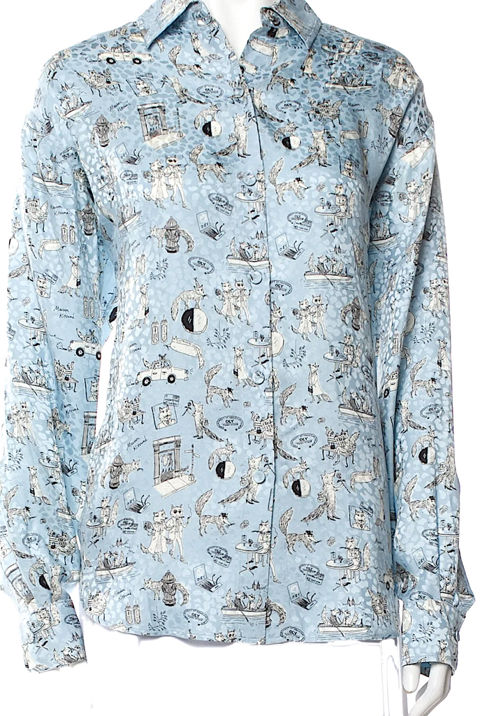 Maison Kitsuné Paris. Blue Silk Printed Button-Up Top