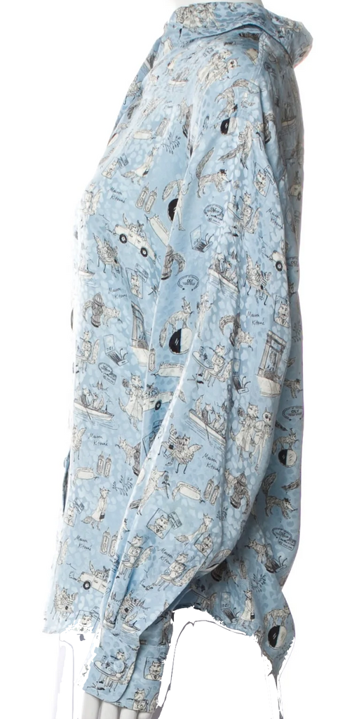 Maison Kitsuné Paris. Blue Silk Printed Button-Up Top
