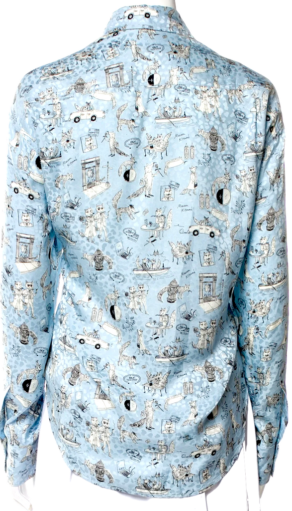 Maison Kitsuné Paris. Blue Silk Printed Button-Up Top