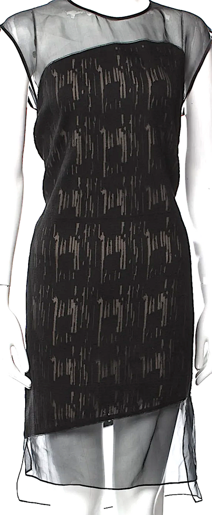 Helmut Lang NY. Black Silk Mesh Accents Midi Length Dress