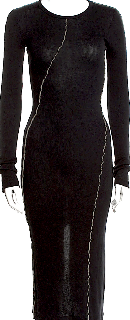Helmut Lang Black Outseam Cotton BodyCon Crew Neck Midi Length Dress