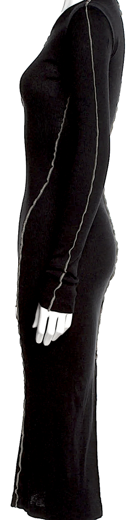 Helmut Lang Black Outseam Cotton BodyCon Crew Neck Midi Length Dress