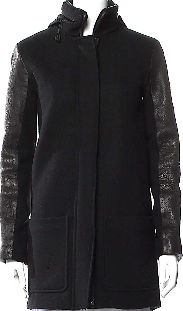 Mackage Black Wool & Leather Sleeve Faux Fur Coat w/Hood