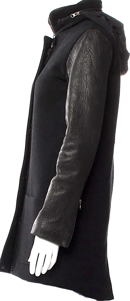 Mackage Black Wool & Leather Sleeve Faux Fur Coat w/Hood