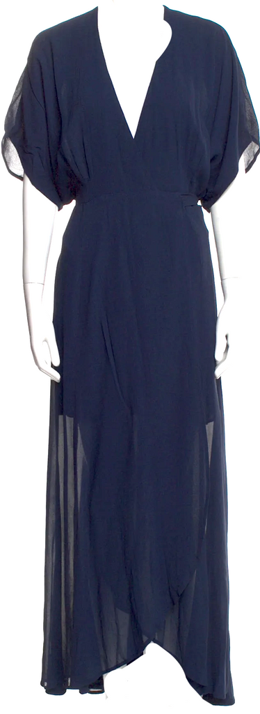 Reformation Blue Rayon Pleated Accents Plunge Neckline Long Dress