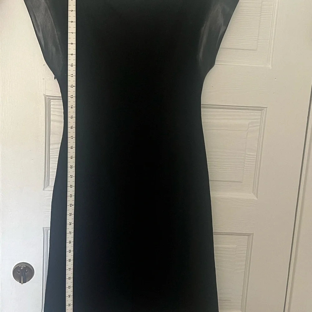 Prada ITALY. Black Midi Dress with Leather Detail