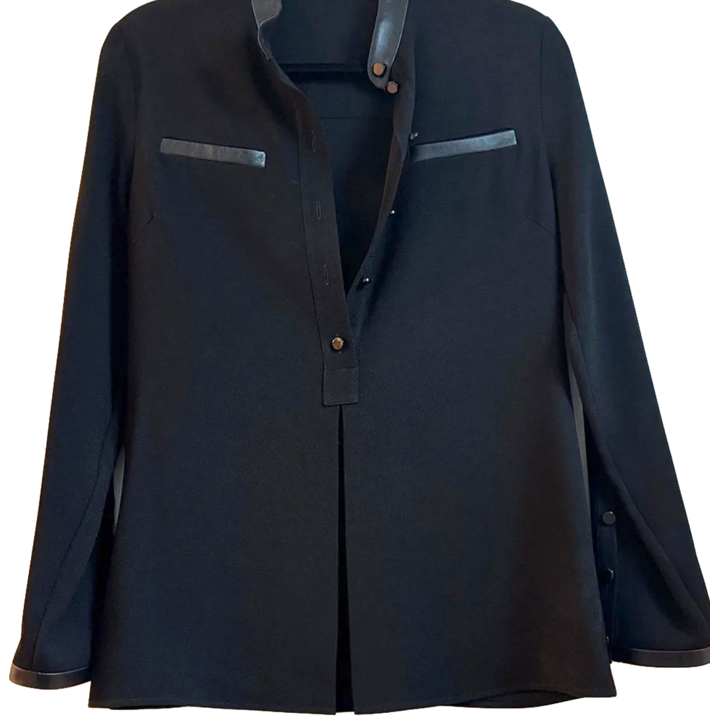 Gucci Italy. Black Coat/Blouse with Leather Trim Detail Accents