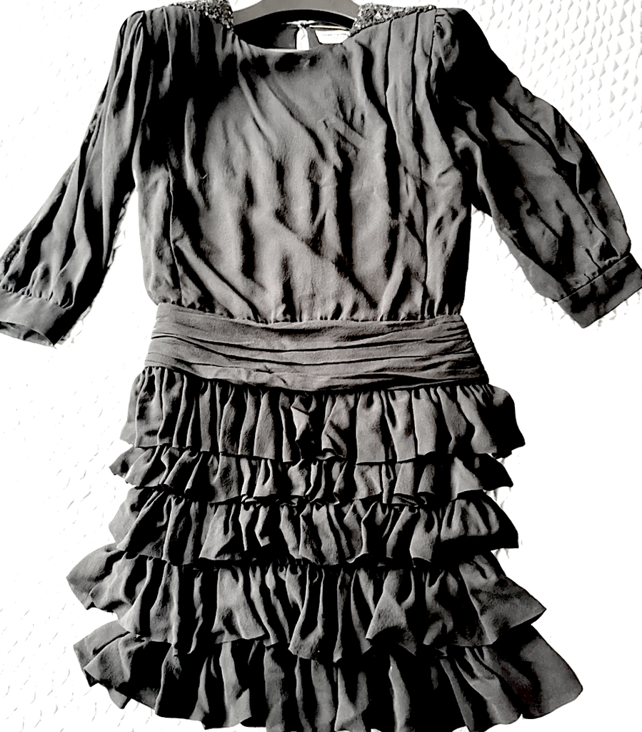 Saint Laurent Paris. HEDI SLIMANE DESIGNER DARK GRAY Ruffled Ruffled Tiered Waist Dress