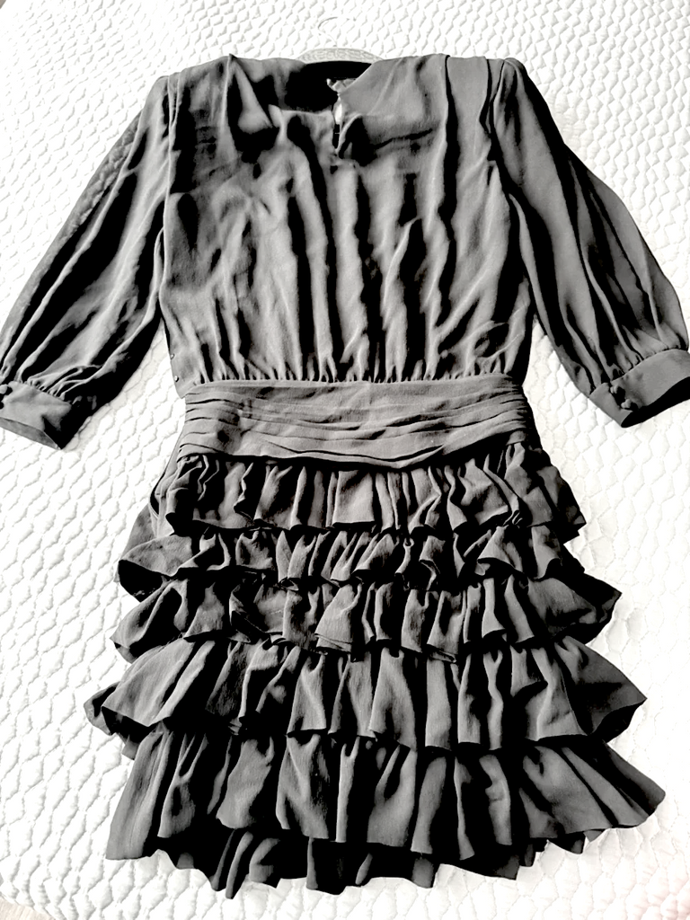 Saint Laurent Paris. HEDI SLIMANE DESIGNER DARK GRAY Ruffled Ruffled Tiered Waist Dress