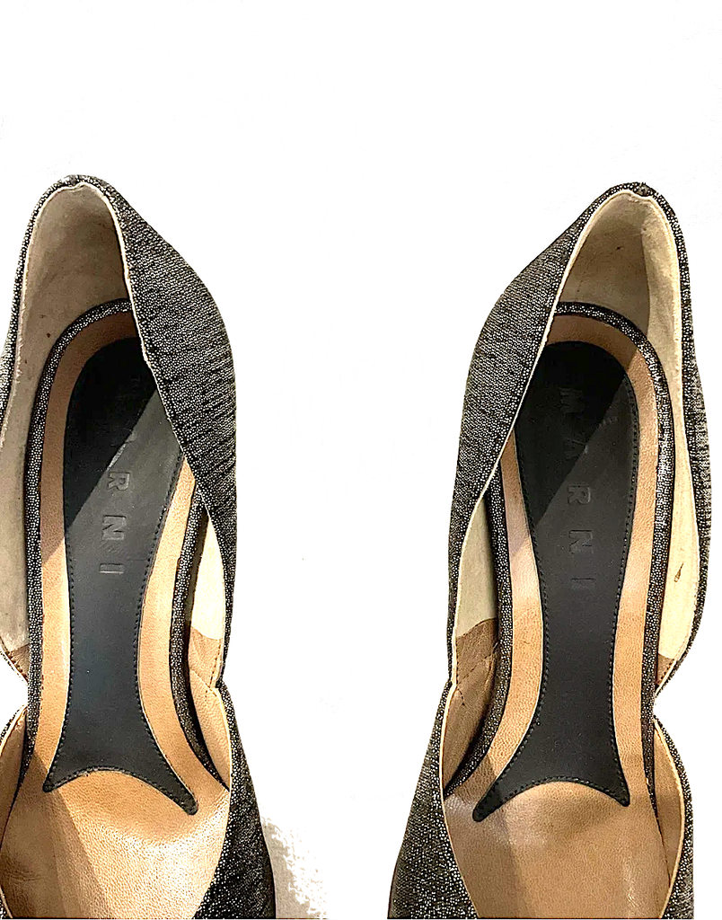 Marni Italy. Metallic Silver Block Heels/Bow Details SZ 37