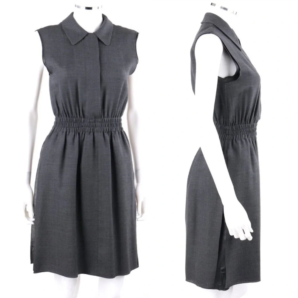 Prada ITALY. Grey Wool Button Down Sleeveless Shirtdress