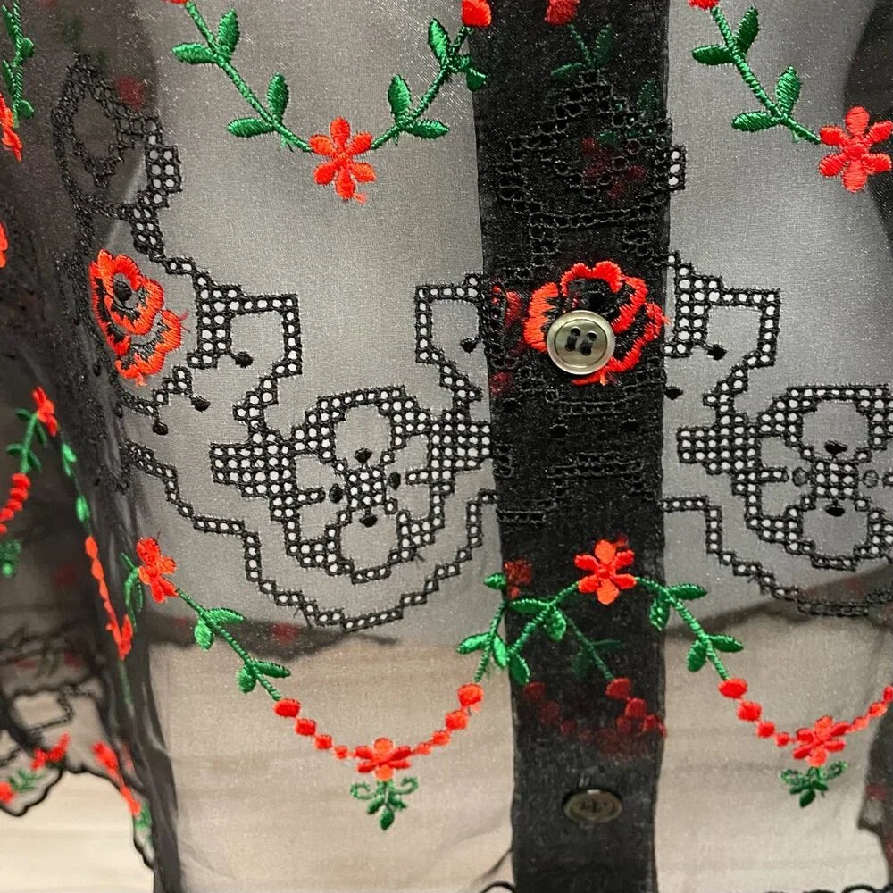 Comme des Garcons JAPAN. Black Semi-Sheer Floral Embroidered Blouse