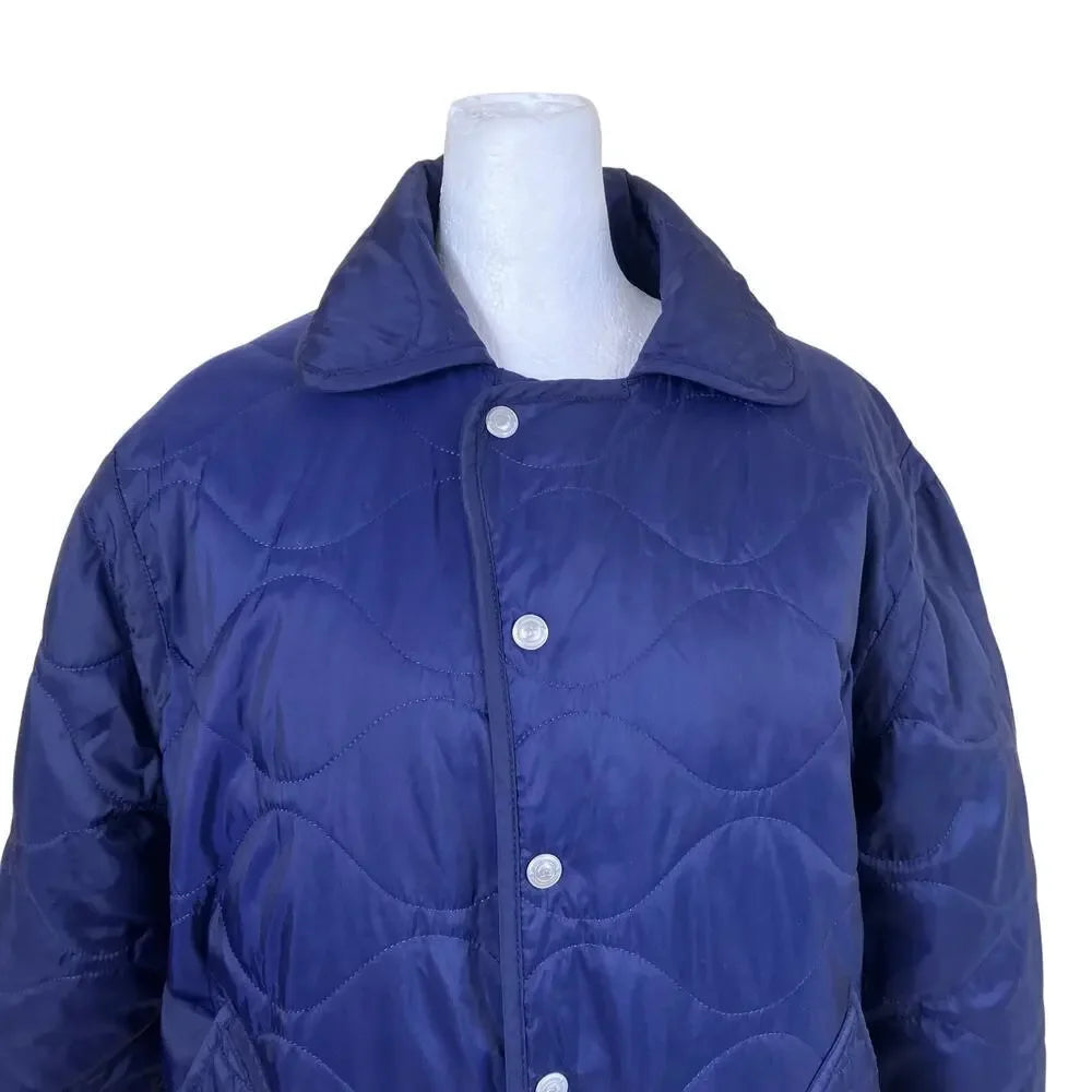 R45 45RPM JAPAN. Navy Quilted Jacket Snap Closure Patch Pockets Padded Coat