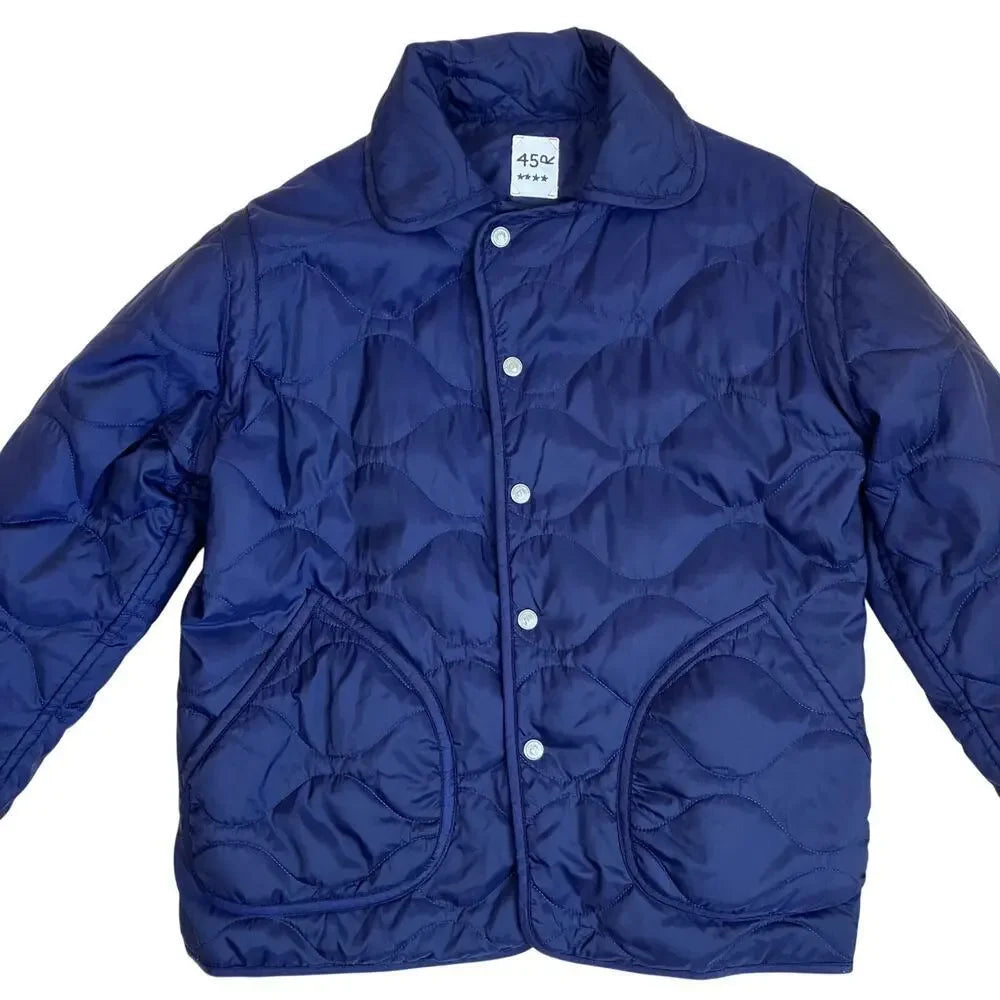 R45 45RPM JAPAN. Navy Quilted Jacket Snap Closure Patch Pockets Padded Coat