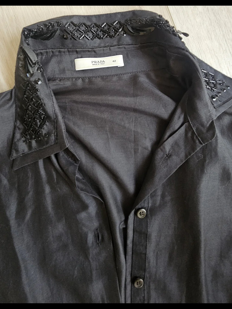 Prada ITALY. Black Button down Shirt with Beaded Collar & Cuff Embellishments