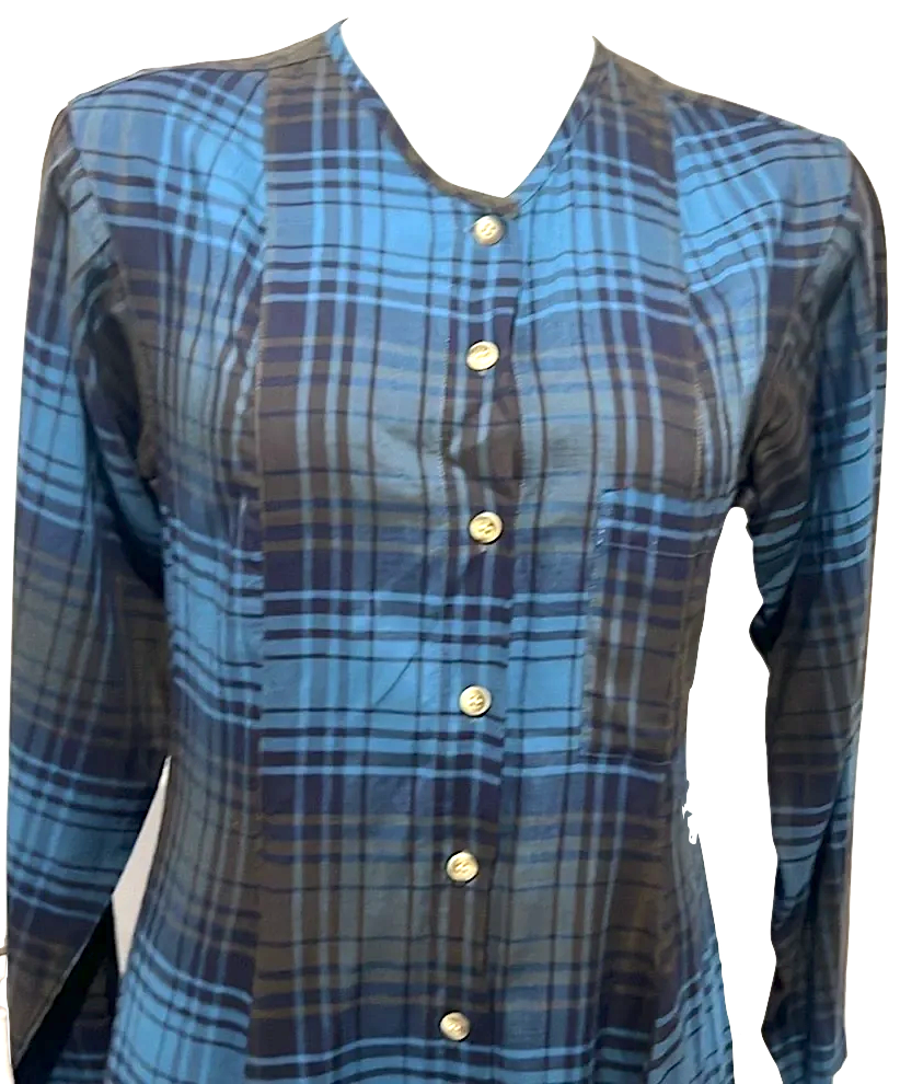 Marithe + Francois Girbaud Paris. Black/ Blue Rayon Plaid Long Sleeve Button Down Dress