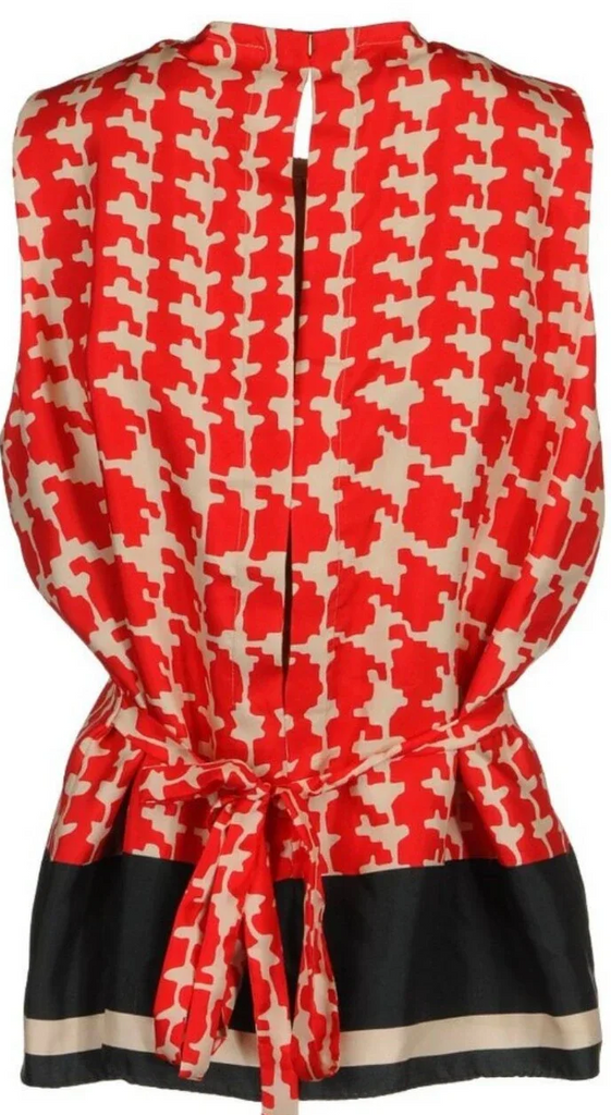 Marni Italy. Red and White Silk Sleeveless Blouse with Black Hem