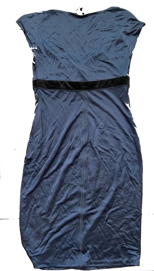 Gucci Italy. Vintage Blue Viscose Blend/Velvet Accented Waist Dress