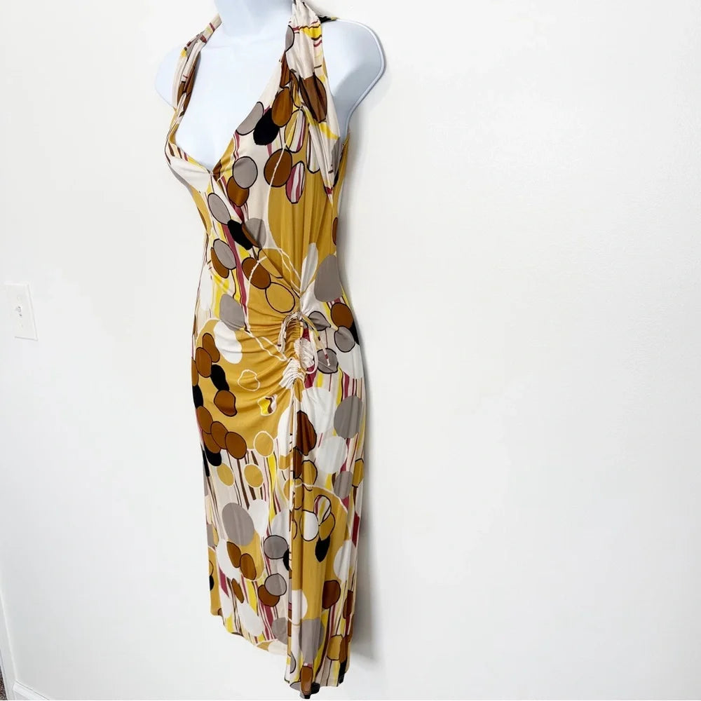 MAX MARA Italy. Silk Blend Abstract Print Ruched Halter Midi Dress