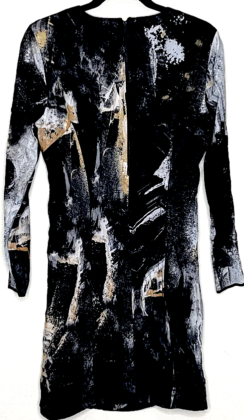 HELMUT LANG. GRAY & GOLD ABSTRACT ART DRESS LONG SLEEVES
