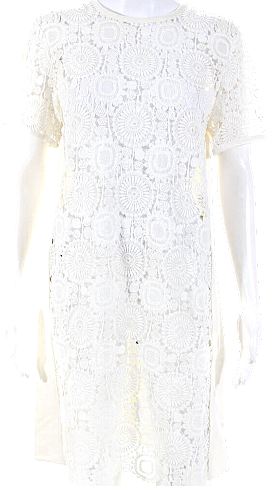 Chloe Paris. White Short Sleeve Crew Neck Lace Twill Shift Dress