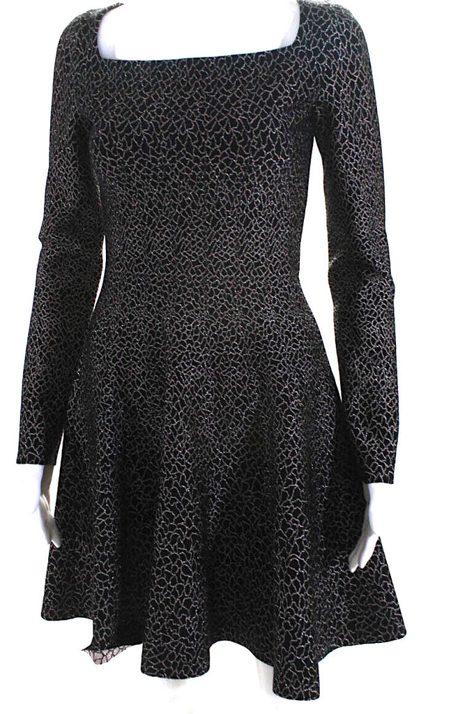 Azzedine Alaia Paris. Vintage Black Metallic Knit Square Neck Mini Flare Dress