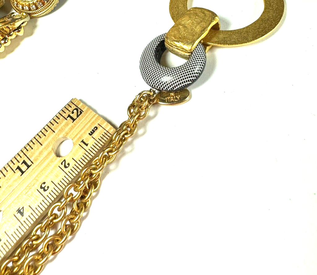 Vintage 90's Italian Goldplated Hammered Circle Pendant Necklace Mod Black White Lutcite