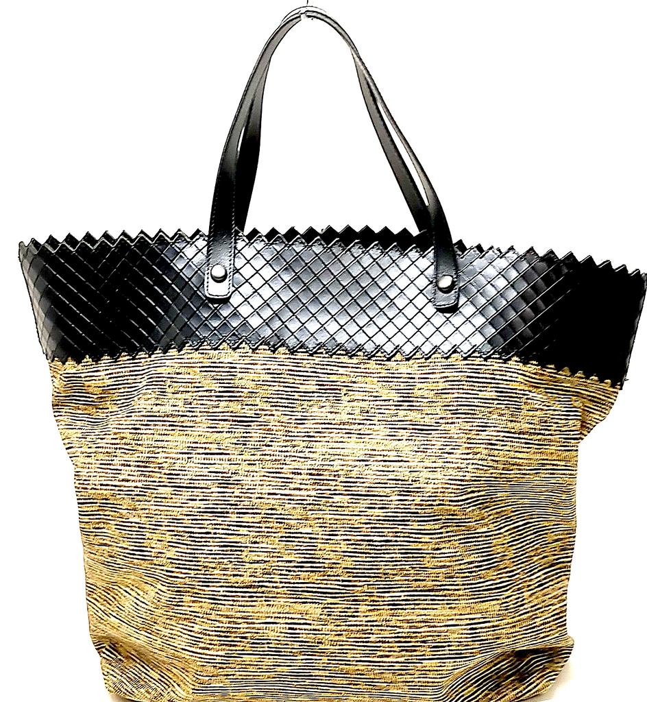 Bottega Veneta ITALY. Brown Canvas/Black Leather Large Tote Bag