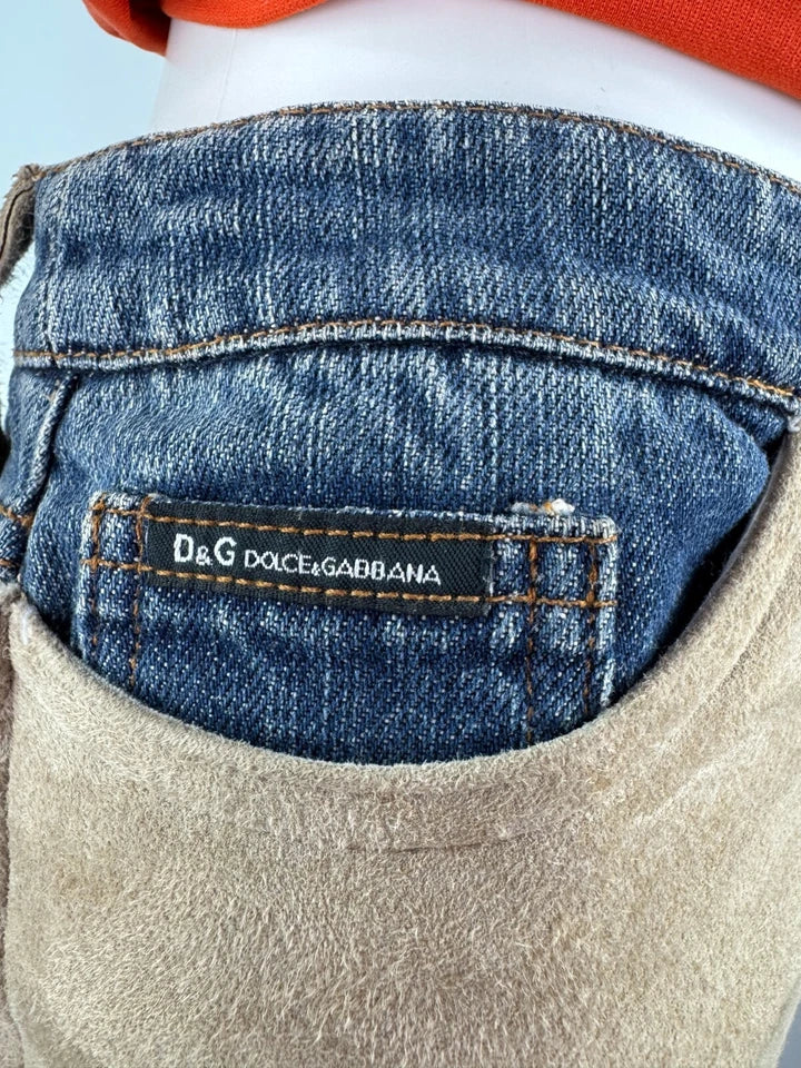 Dolce & Gabbana Italy. Beige Suede Leather Blue Cotton Denim Mini Skirt