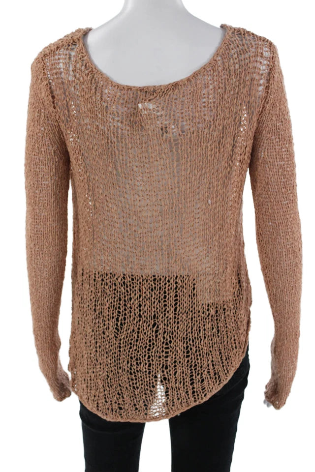 Helmut Lang NY. Brown Open Knit Bohemian Round Neck Long Sleeve Pullover Sweater