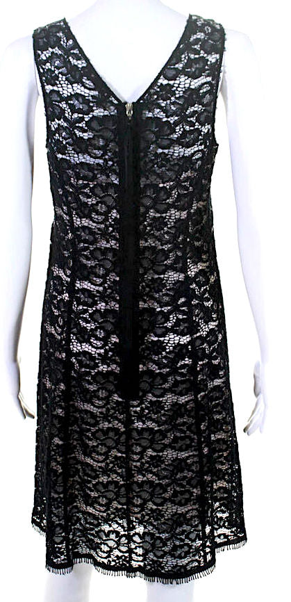Nina Ricci Paris. Black/Neutral Lined Back Zip Sleeveless Lace Overlay Sheath Dress